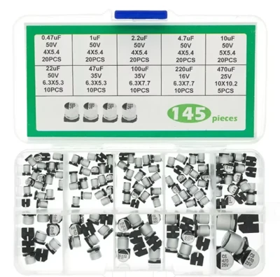 145Pcs 10Values SMD Electrolytic Capacitor Assorted Kit 0.47V~50V, 1uF~470uF with storage box