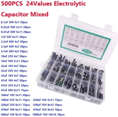 500PCS 24Values 0.1uF-1000uF Electrolytic Capacitor 10V 16V 25V 50V with Storage Box