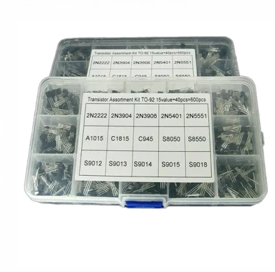 15Value 600PCS TO-92 Transistor Assortment Box - NPN & PNP - 2N2222, 2N3904, 2N3906, 2N5401, 2N5551, A1015, C1815, C945, S8050, S8550, S9012, S9013, S9014, S9015, S9018.