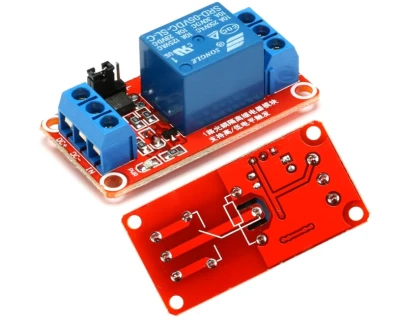 5V 1Channel relay module, optocoupler isolated, high/low level triggered, microcontroller, red board.
