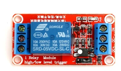 5V 1Channel relay module, optocoupler isolated, high/low level triggered, microcontroller, red board.
