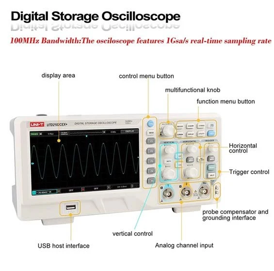 UNI-T UTD2102CEX+ 100MHZ Digital Storage Oscilloscope 1GS/s 2Channels