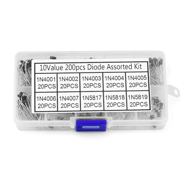 200PCS Rectifier Diodes Bag Assortment Kit 10Values (1N4001, 1N4002, 1N4003, 1N4004, 1N4005, 1N4006, 1N4007, 1N5817, 1N5818, 1N5819)