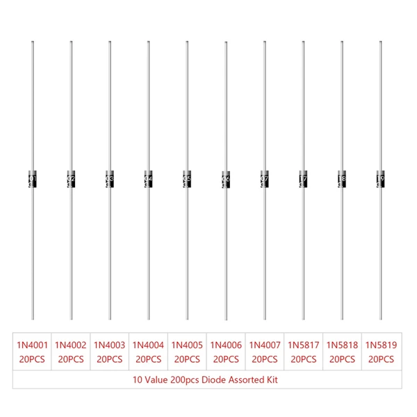 200PCS Rectifier Diodes Bag Assortment Kit 10Values (1N4001, 1N4002, 1N4003, 1N4004, 1N4005, 1N4006, 1N4007, 1N5817, 1N5818, 1N5819)