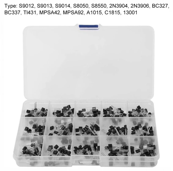 300PCS 15Value Transistor Assortment Kit - S9012, S9013, S9014, S8050, S8550, 2N3904, 2N3906, BC327, BC337, Tl431, MPSA42, MPSA92, A1015, C1815, 13001