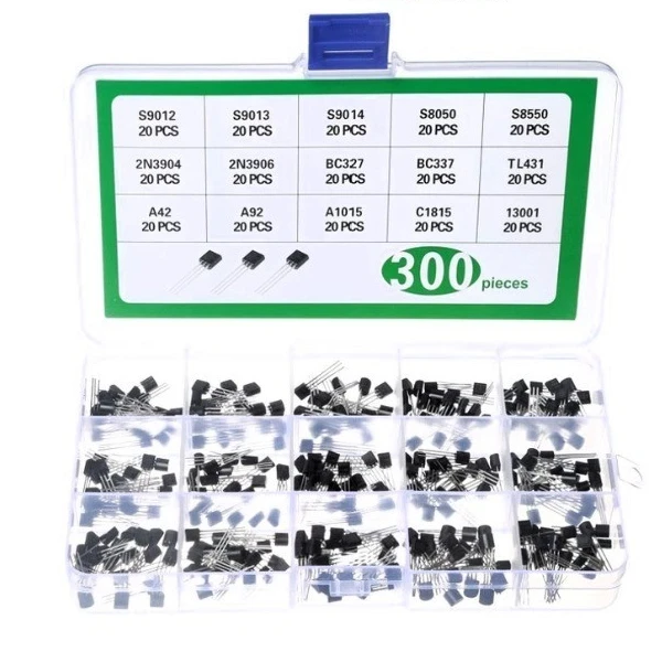 300PCS 15Value Transistor Assortment Kit - S9012, S9013, S9014, S8050, S8550, 2N3904, 2N3906, BC327, BC337, Tl431, MPSA42, MPSA92, A1015, C1815, 13001
